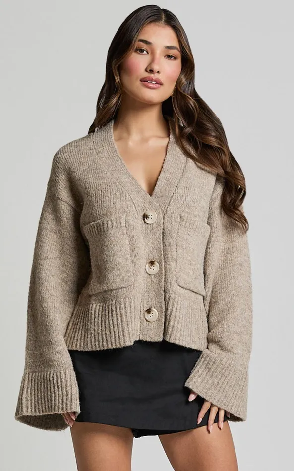 Showpo Becka Cardigan 8211 Oversized Recycled Knitted Button Through Cardigan In Biscuit Women Knitwear
