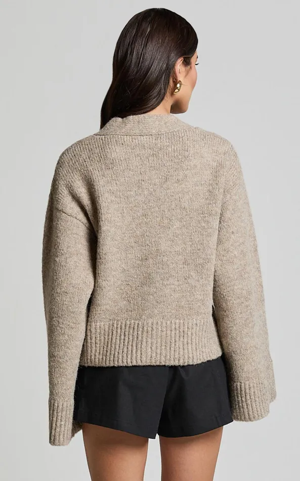 Showpo Becka Cardigan 8211 Oversized Recycled Knitted Button Through Cardigan In Biscuit Women Knitwear