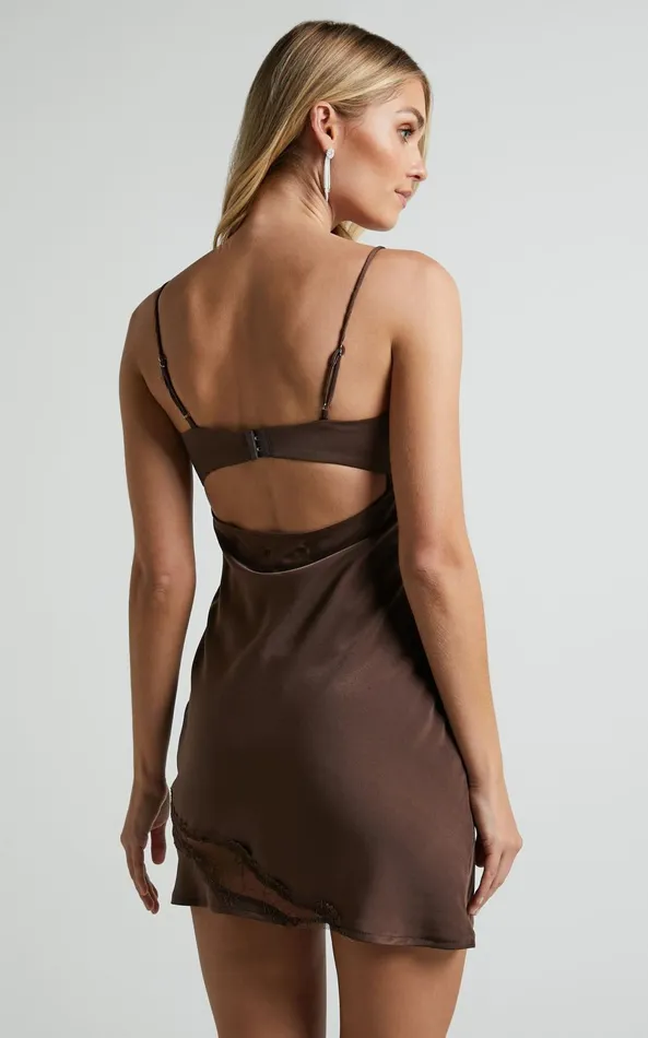 Showpo Becki Mini Dress 8211 Bust Cup With Lace Insert Satin Dress In Chocolate Women Dresses