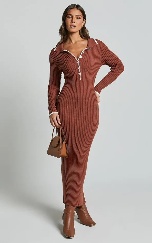 Showpo Becky Midi Dress 8211 Button Front Contrast Knit Midi Dress In Chocolate Women Dresses Showpo Becky Midi Dress 8211 Button Front Contrast Knit Midi Dress In Chocolate Women Dresses