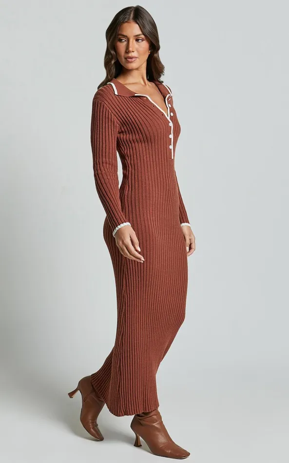 Showpo Becky Midi Dress 8211 Button Front Contrast Knit Midi Dress In Chocolate Women Dresses