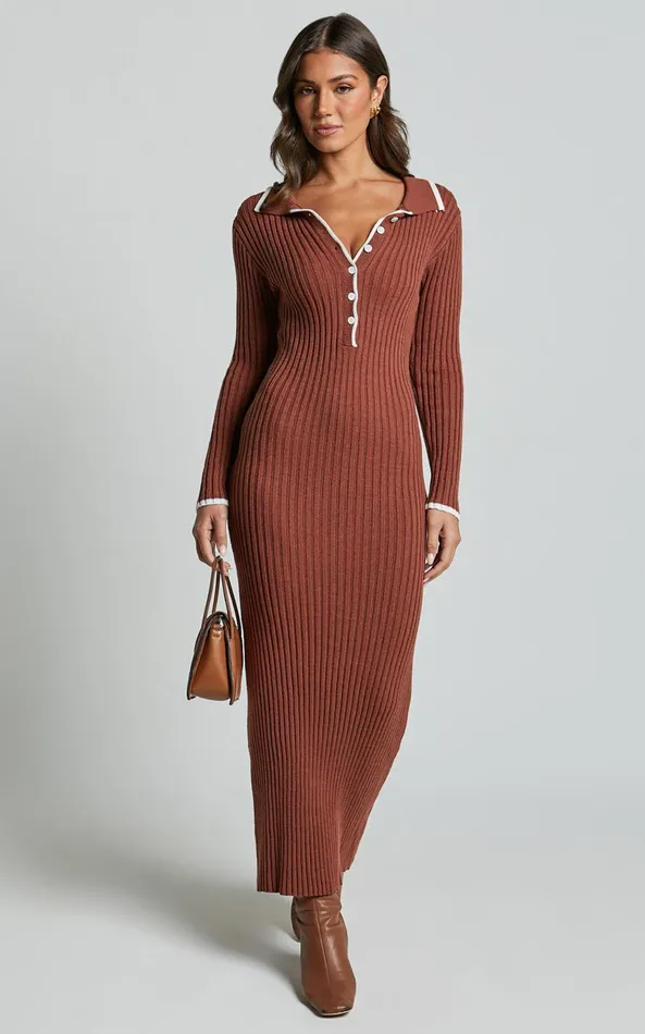 Showpo Becky Midi Dress 8211 Button Front Contrast Knit Midi Dress In Chocolate Women Dresses