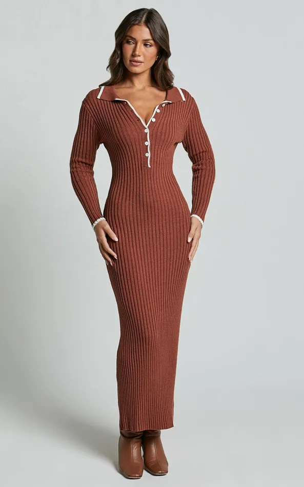 Showpo Becky Midi Dress 8211 Button Front Contrast Knit Midi Dress In Chocolate Women Dresses