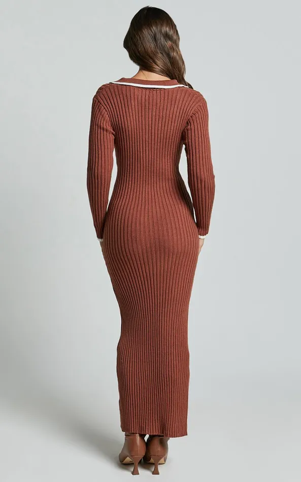 Showpo Becky Midi Dress 8211 Button Front Contrast Knit Midi Dress In Chocolate Women Dresses