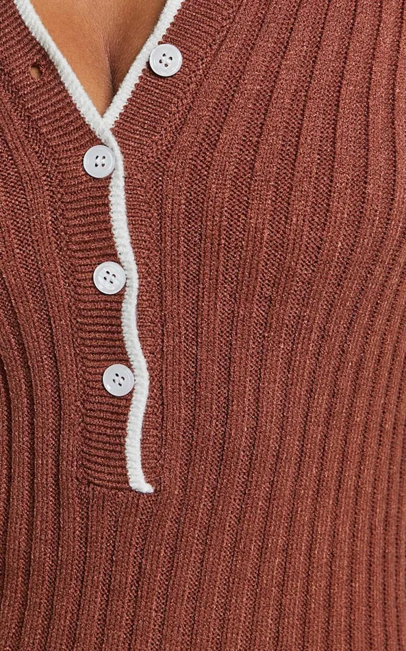 Showpo Becky Midi Dress 8211 Button Front Contrast Knit Midi Dress In Chocolate Women Dresses
