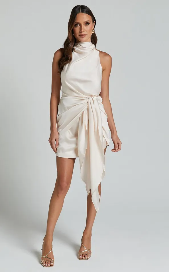 Showpo Behati Mini Dress 8211 High Neck Wrap In Oyster Women Dresses