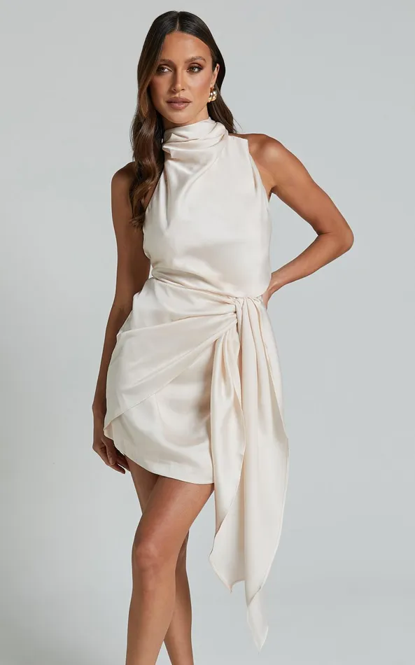 Showpo Behati Mini Dress 8211 High Neck Wrap In Oyster Women Dresses
