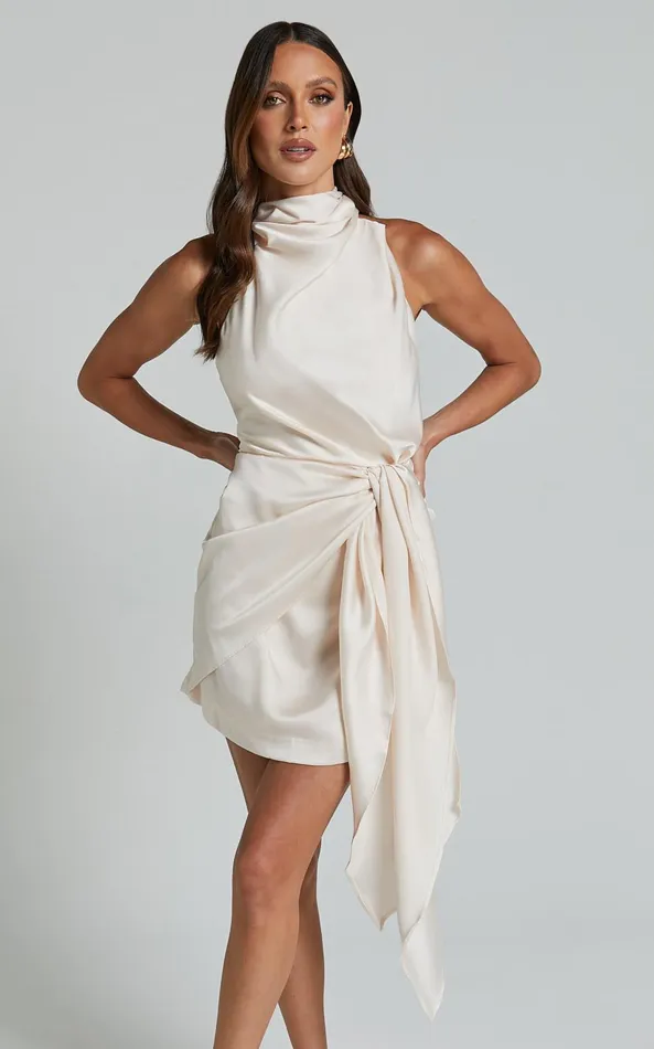 Showpo Behati Mini Dress 8211 High Neck Wrap In Oyster Women Dresses