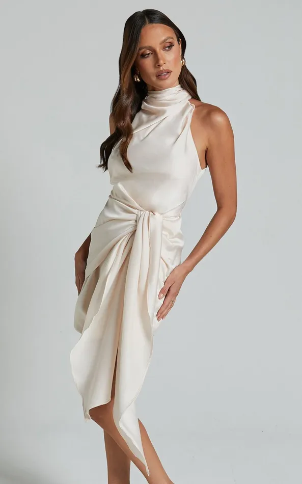 Showpo Behati Mini Dress 8211 High Neck Wrap In Oyster Women Dresses