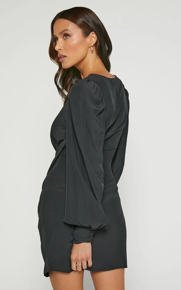 Showpo Bellefleur Mini Dress 8211 Faux Wrap Dress In Black Women Dresses