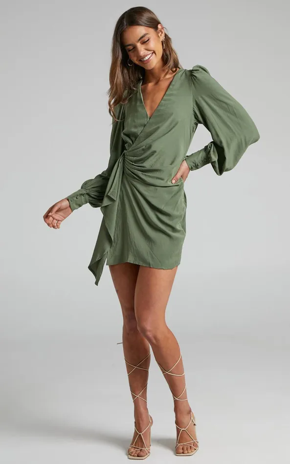 Showpo Bellefleur Mini Dress 8211 Faux Wrap Dress In Khaki Women Dresses