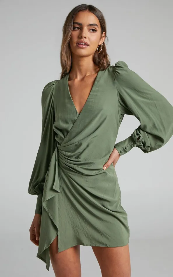 Showpo Bellefleur Mini Dress 8211 Faux Wrap Dress In Khaki Women Dresses