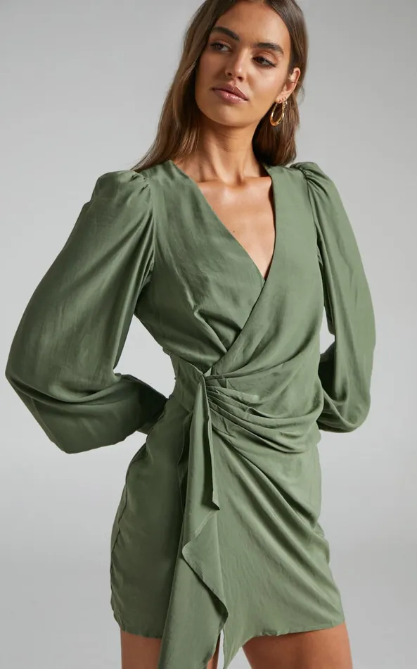 Showpo Bellefleur Mini Dress 8211 Faux Wrap Dress In Khaki Women Dresses