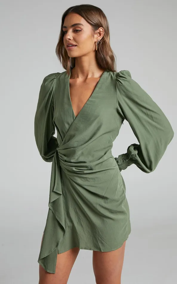 Showpo Bellefleur Mini Dress 8211 Faux Wrap Dress In Khaki Women Dresses
