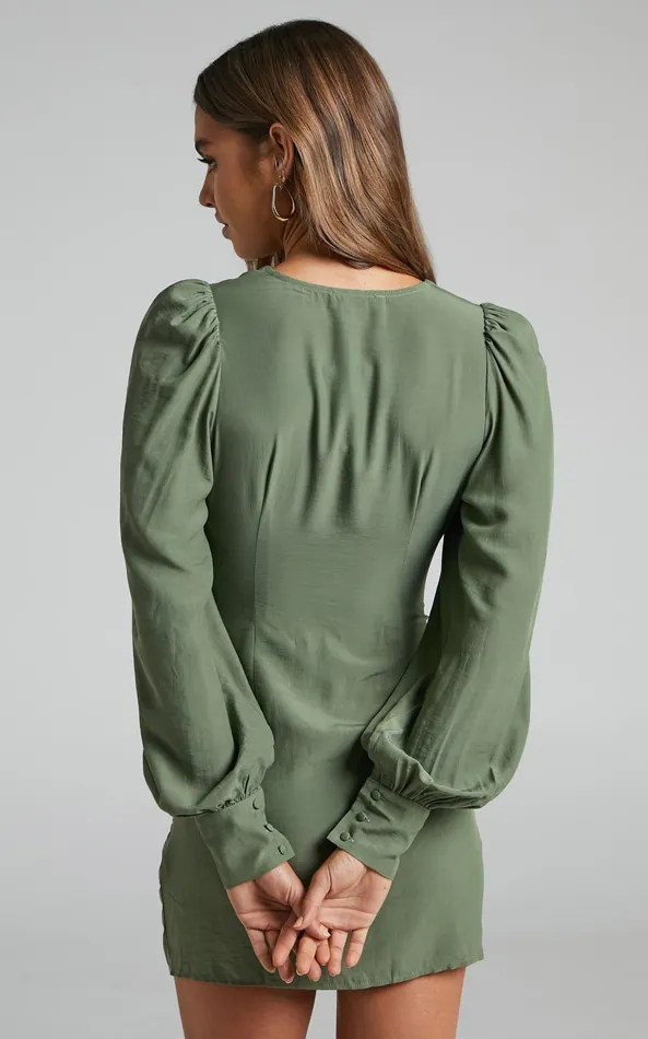 Showpo Bellefleur Mini Dress 8211 Faux Wrap Dress In Khaki Women Dresses