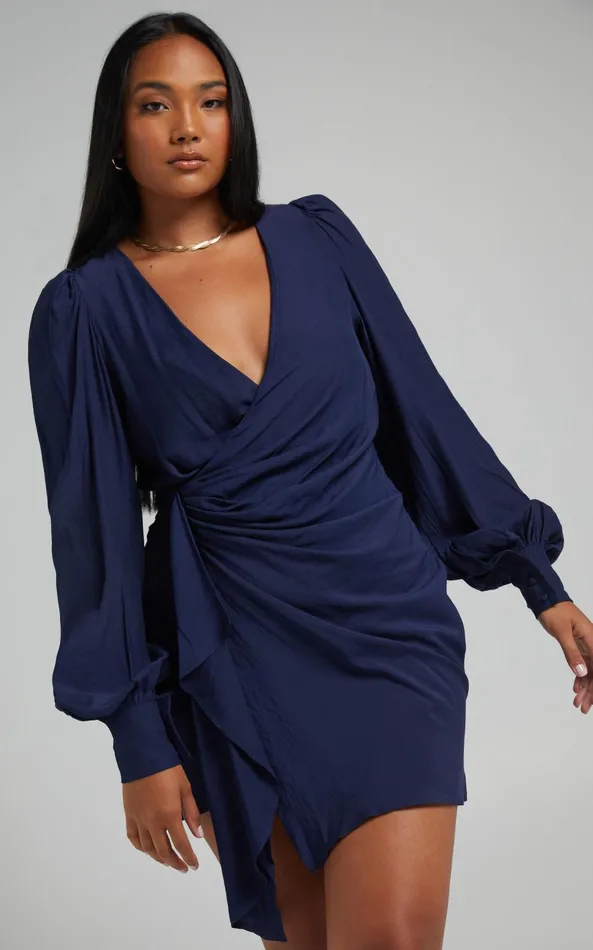 Showpo Bellefleur Mini Dress 8211 Faux Wrap Dress In Navy Women Dresses