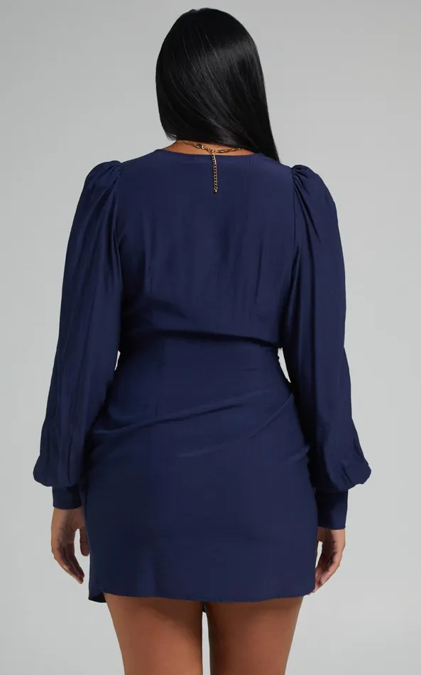 Showpo Bellefleur Mini Dress 8211 Faux Wrap Dress In Navy Women Dresses