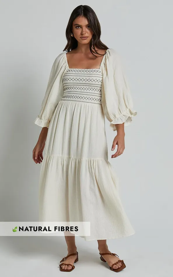 Showpo Bellenie Midi Dress 8211 34 Puff Sleeve Square Neck Smock Bodice Tiered Dress In Natural Women Dresses Showpo Bellenie Midi Dress 8211 34 Puff Sleeve Square Neck Smock Bodice Tiered Dress In Natural Women Dresses