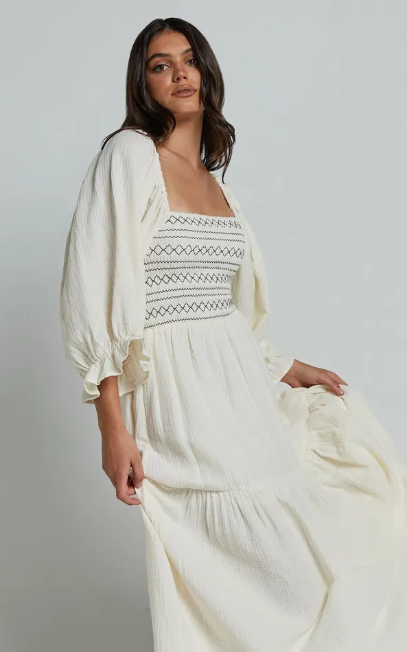Showpo Bellenie Midi Dress 8211 34 Puff Sleeve Square Neck Smock Bodice Tiered Dress In Natural Women Dresses