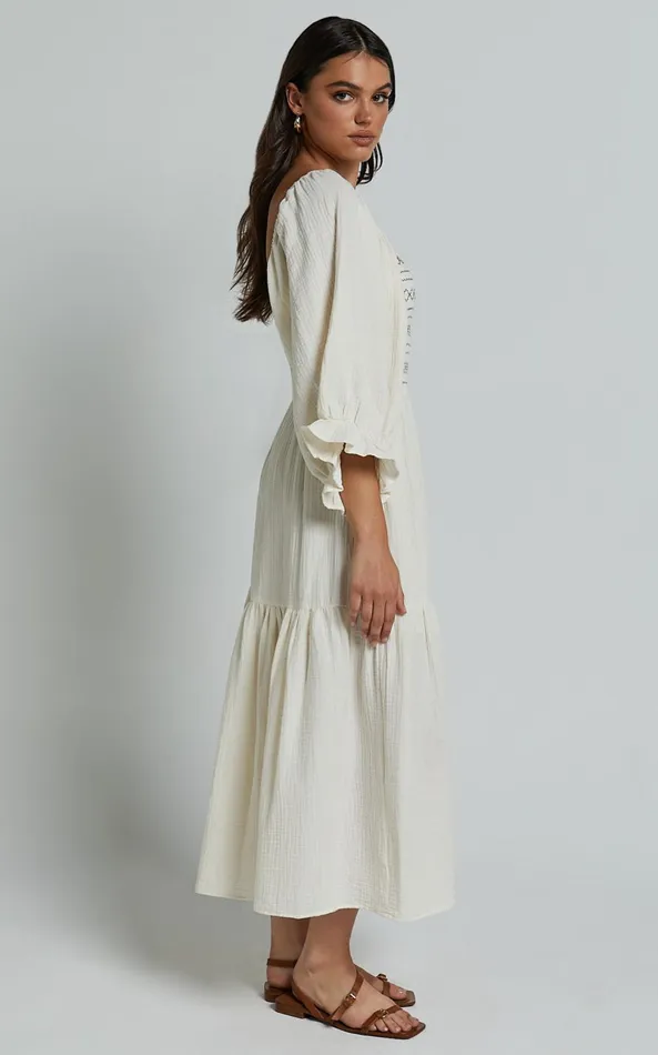 Showpo Bellenie Midi Dress 8211 34 Puff Sleeve Square Neck Smock Bodice Tiered Dress In Natural Women Dresses