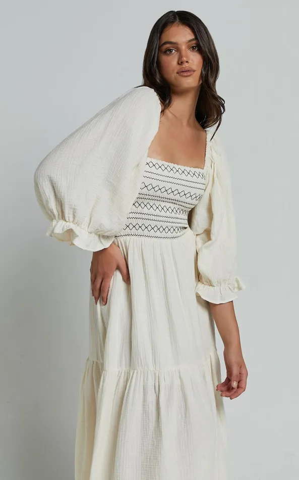 Showpo Bellenie Midi Dress 8211 34 Puff Sleeve Square Neck Smock Bodice Tiered Dress In Natural Women Dresses