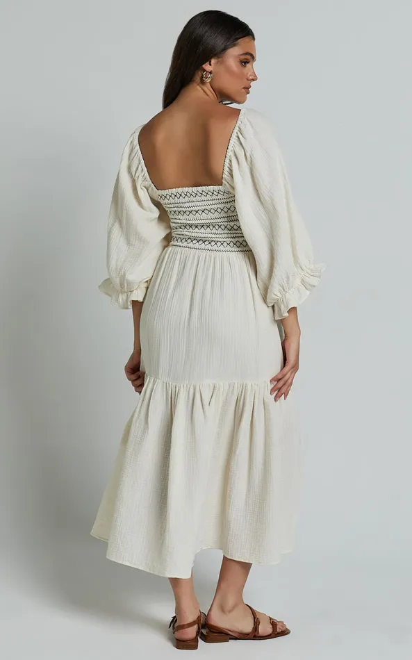 Showpo Bellenie Midi Dress 8211 34 Puff Sleeve Square Neck Smock Bodice Tiered Dress In Natural Women Dresses