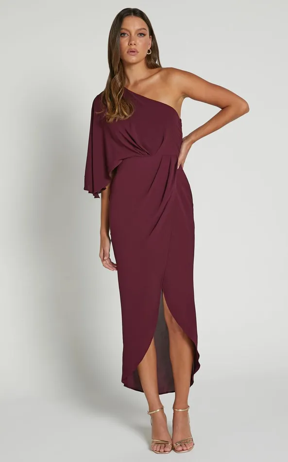 Showpo Belmira Midi Dress 8211 One Shoulder Asymmetrical Short Sleeve Split Dress In Merlot Women Dresses