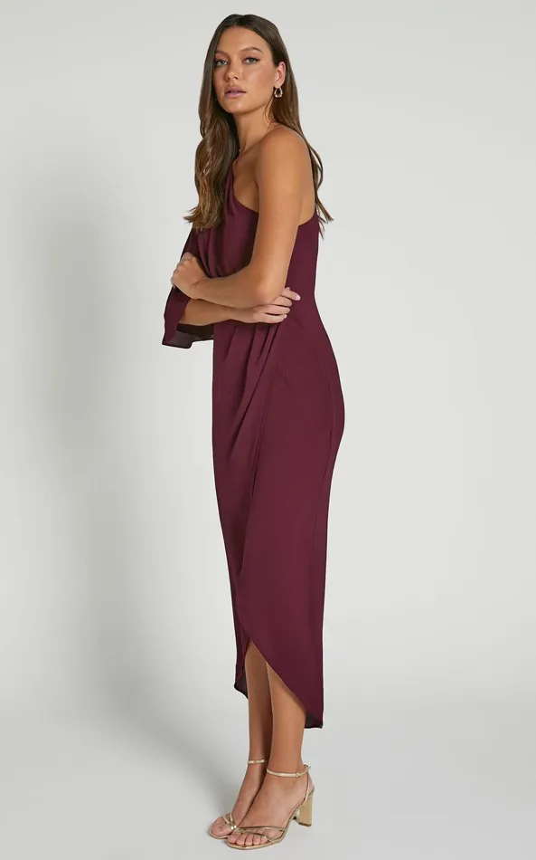 Showpo Belmira Midi Dress 8211 One Shoulder Asymmetrical Short Sleeve Split Dress In Merlot Women Dresses