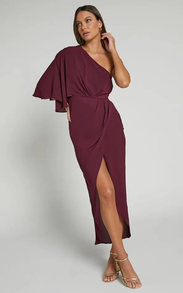 Showpo Belmira Midi Dress 8211 One Shoulder Asymmetrical Short Sleeve Split Dress In Merlot Women Dresses