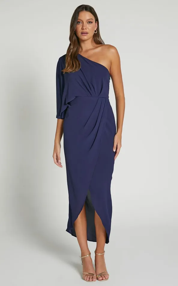 Showpo Belmira Midi Dress 8211 One Shoulder Asymmetrical Short Sleeve Split Dress In Navy Women Dresses