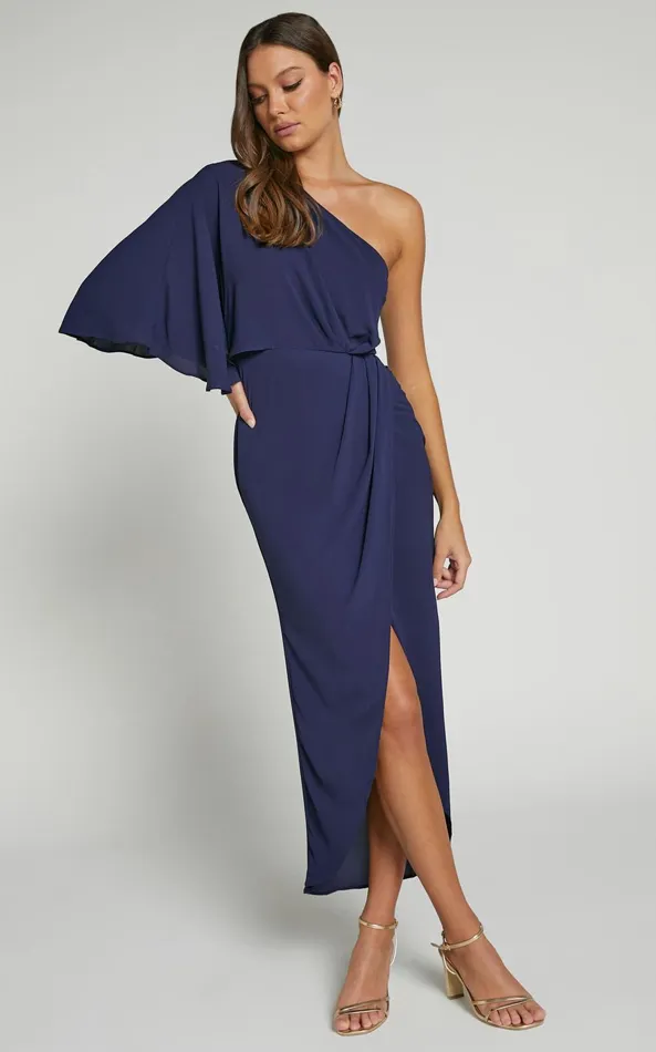 Showpo Belmira Midi Dress 8211 One Shoulder Asymmetrical Short Sleeve Split Dress In Navy Women Dresses