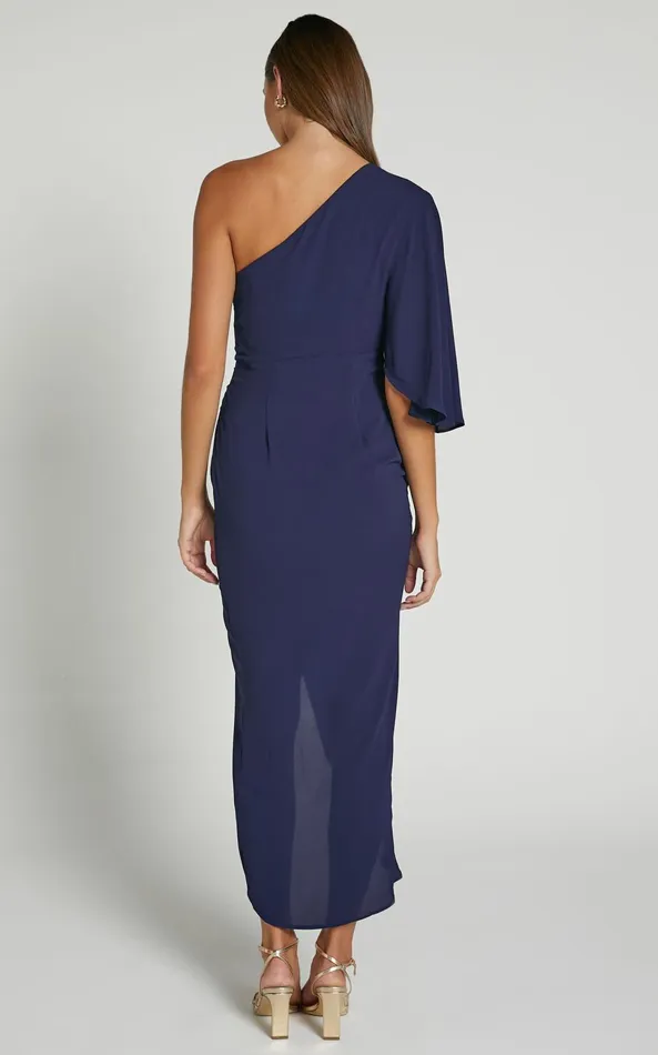 Showpo Belmira Midi Dress 8211 One Shoulder Asymmetrical Short Sleeve Split Dress In Navy Women Dresses