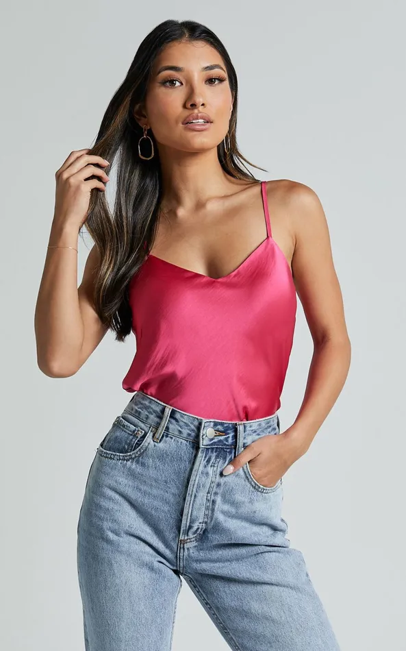 Showpo Beryl Top 8211 Strappy V Neck Satin Cami In Pink Women Tops