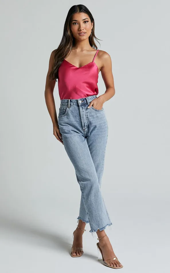Showpo Beryl Top 8211 Strappy V Neck Satin Cami In Pink Women Tops