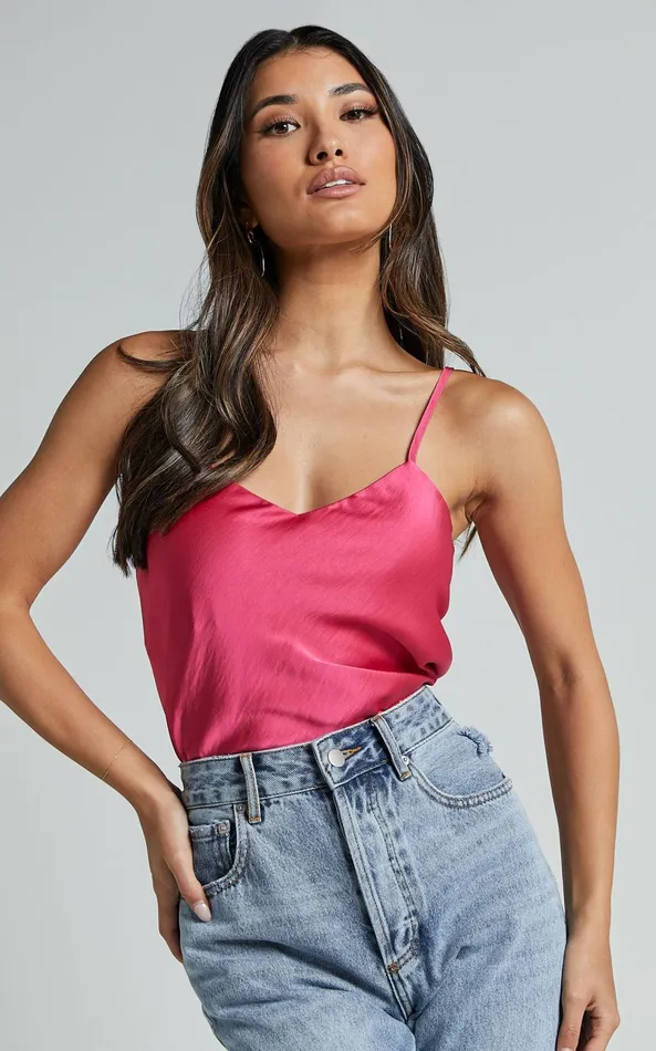 Showpo Beryl Top 8211 Strappy V Neck Satin Cami In Pink Women Tops