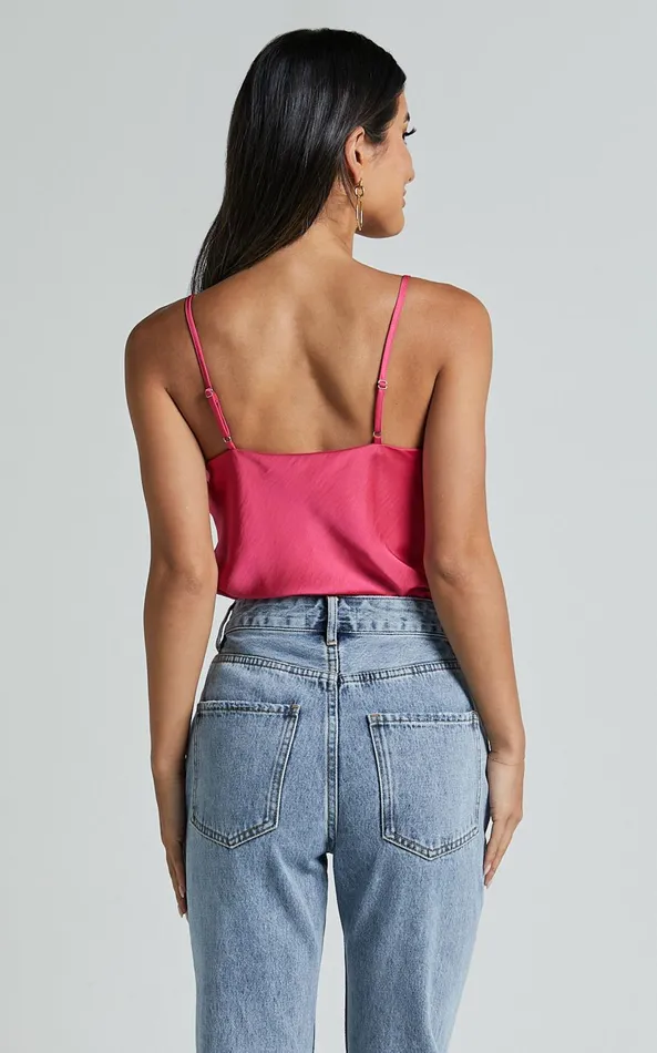 Showpo Beryl Top 8211 Strappy V Neck Satin Cami In Pink Women Tops