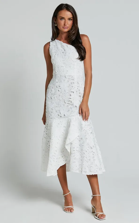 Showpo Beth Midi Dress 8211 One Shoulder Ruffle Hem Lace Dress In White Women Dresses Showpo Beth Midi Dress 8211 One Shoulder Ruffle Hem Lace Dress In White Women Dresses