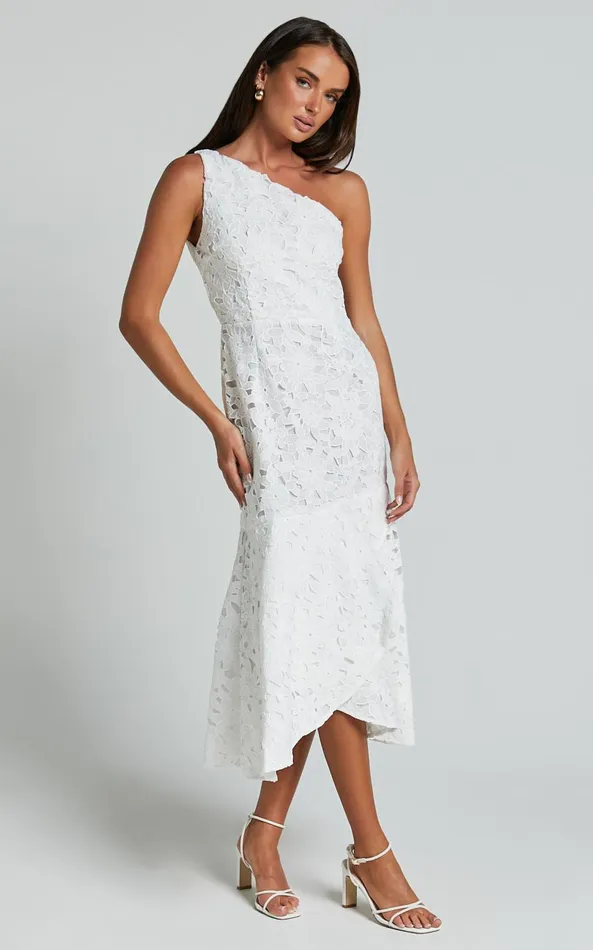 Showpo Beth Midi Dress 8211 One Shoulder Ruffle Hem Lace Dress In White Women Dresses