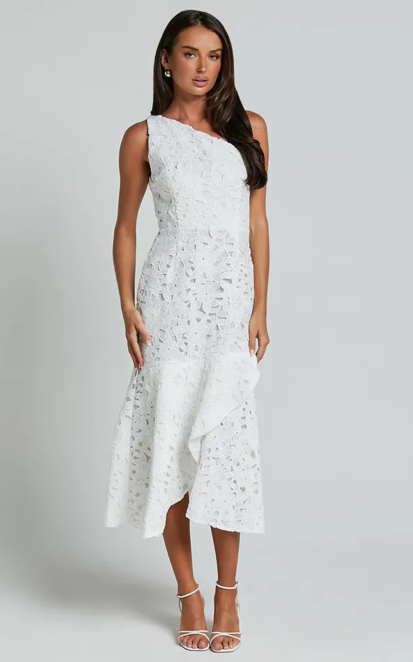 Showpo Beth Midi Dress 8211 One Shoulder Ruffle Hem Lace Dress In White Women Dresses