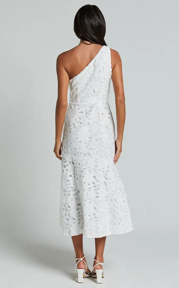 Showpo Beth Midi Dress 8211 One Shoulder Ruffle Hem Lace Dress In White Women Dresses