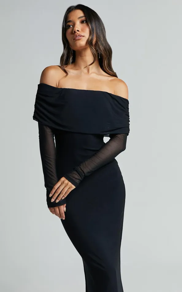 Showpo Bethanie Maxi Dress 8211 Off The Shoulder Mesh Dress In Black Women Dresses