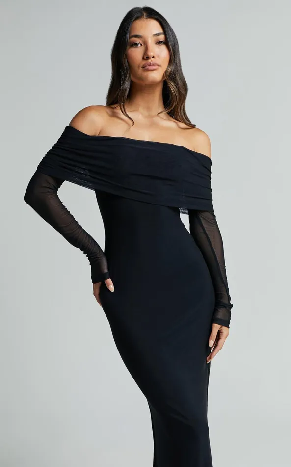 Showpo Bethanie Maxi Dress 8211 Off The Shoulder Mesh Dress In Black Women Dresses