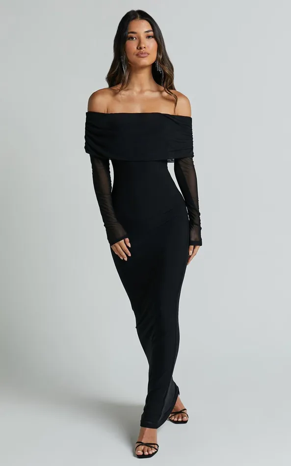 Showpo Bethanie Maxi Dress 8211 Off The Shoulder Mesh Dress In Black Women Dresses