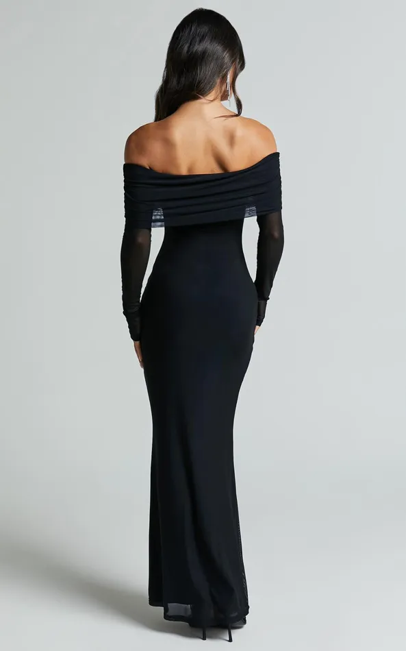 Showpo Bethanie Maxi Dress 8211 Off The Shoulder Mesh Dress In Black Women Dresses