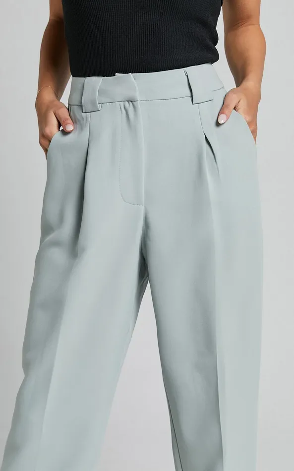 Showpo Bethanie Pants 8211 Mid Rise Tailored Cuffed Relaxed Pants In Sage Women Pants