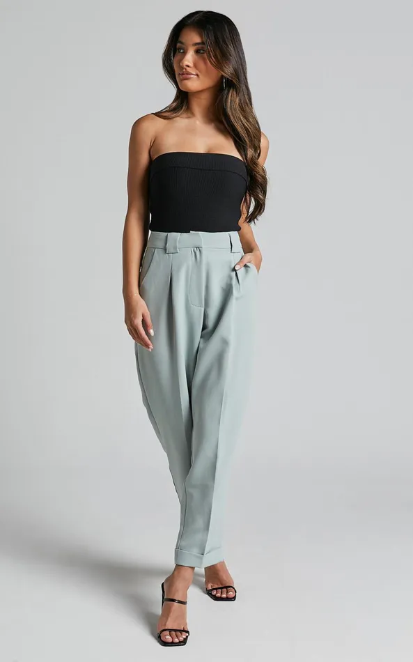 Showpo Bethanie Pants 8211 Mid Rise Tailored Cuffed Relaxed Pants In Sage Women Pants