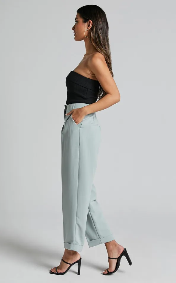 Showpo Bethanie Pants 8211 Mid Rise Tailored Cuffed Relaxed Pants In Sage Women Pants