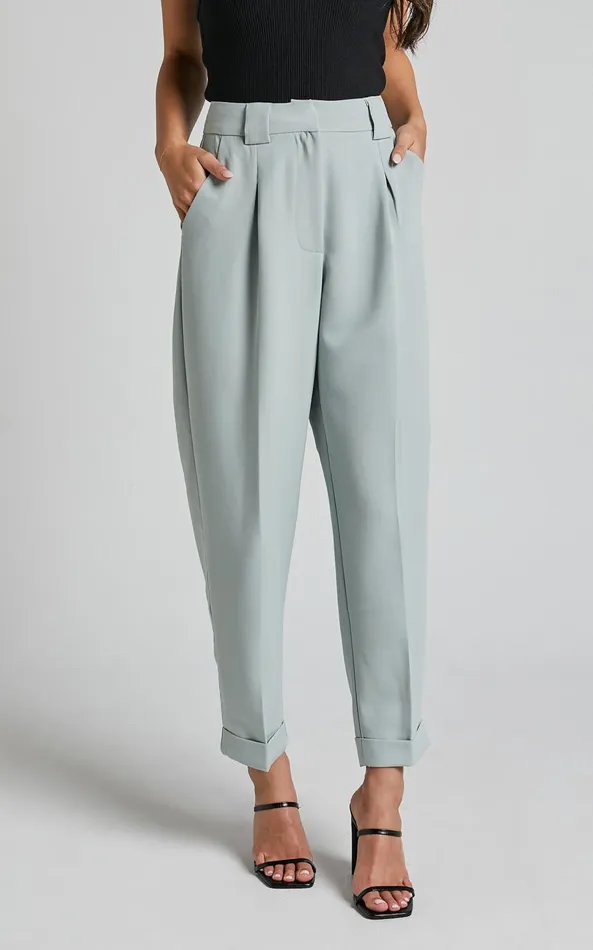 Showpo Bethanie Pants 8211 Mid Rise Tailored Cuffed Relaxed Pants In Sage Women Pants