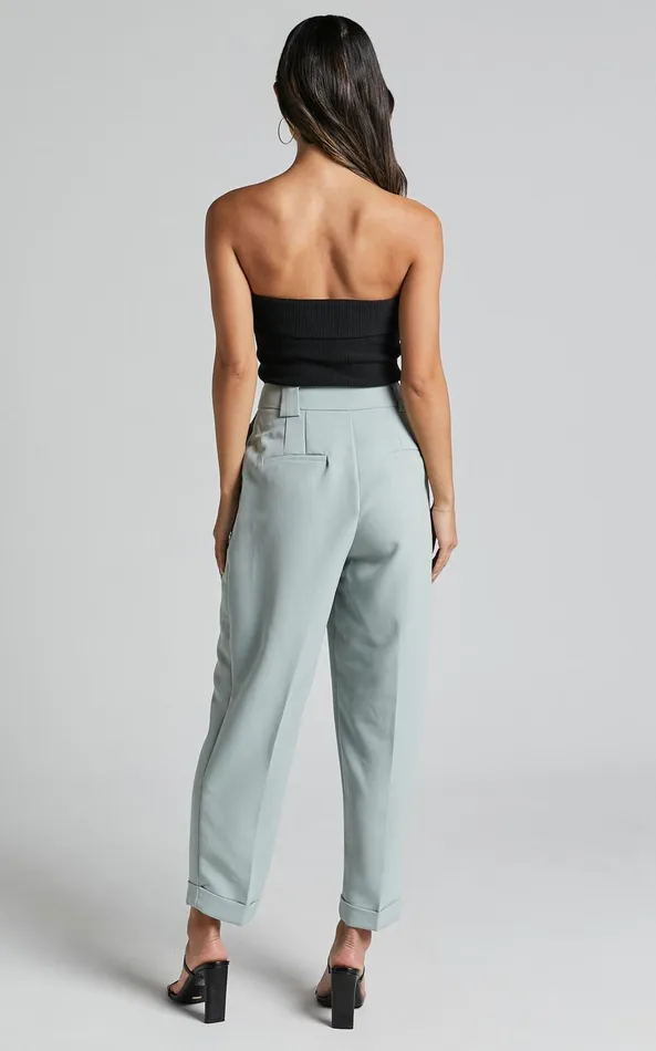 Showpo Bethanie Pants 8211 Mid Rise Tailored Cuffed Relaxed Pants In Sage Women Pants