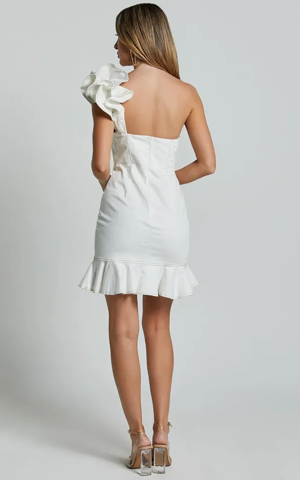 Showpo Bethany Mini Dress 8211 One Shoulder Ruffle Detail Dress In Cream Women Dresses